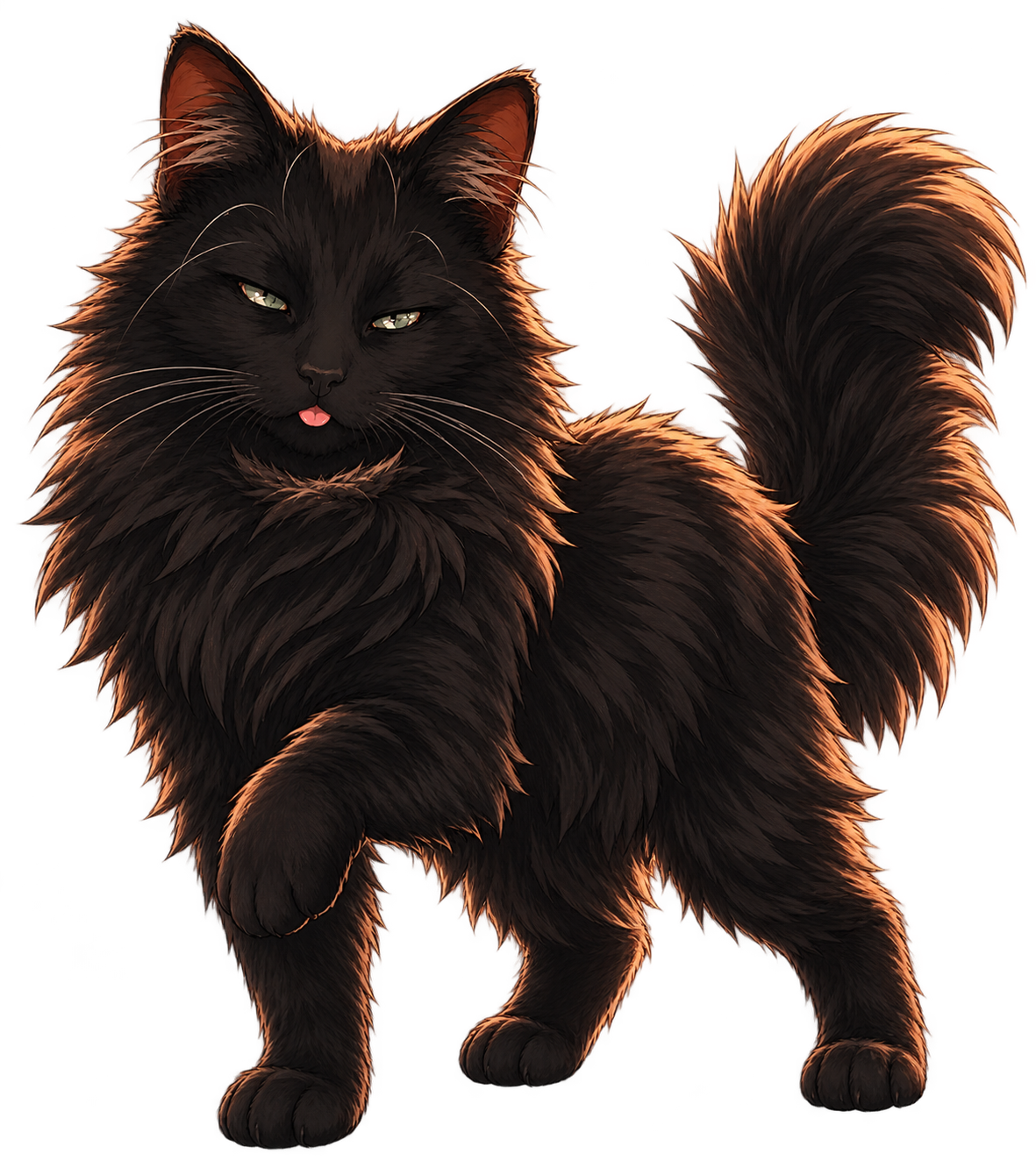 Selena, a fluffy black cat with a raised paw